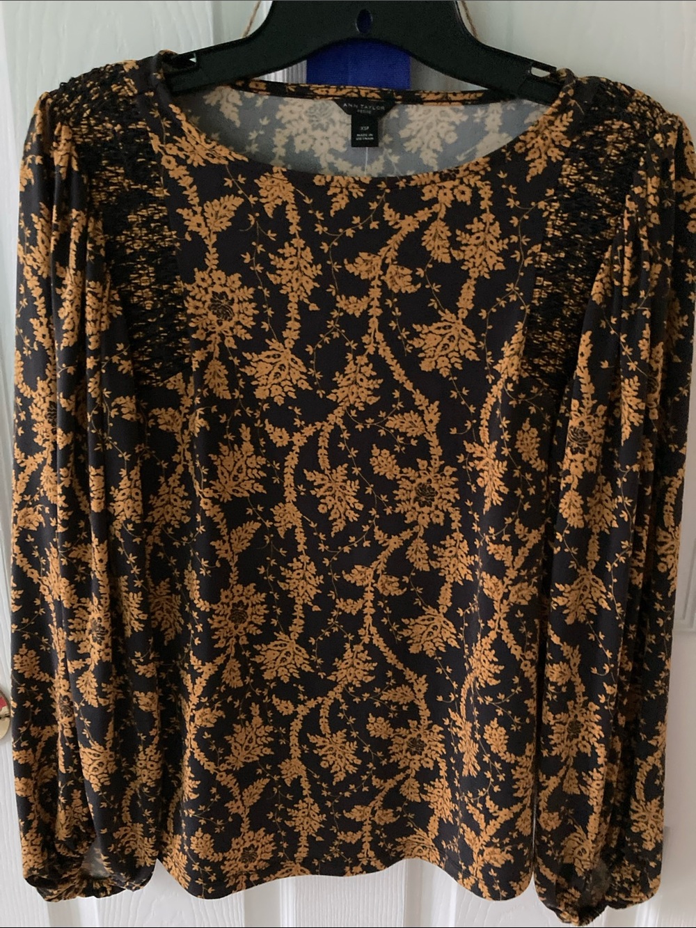 Ann Taylor Black and Mustard Petite Floral Top